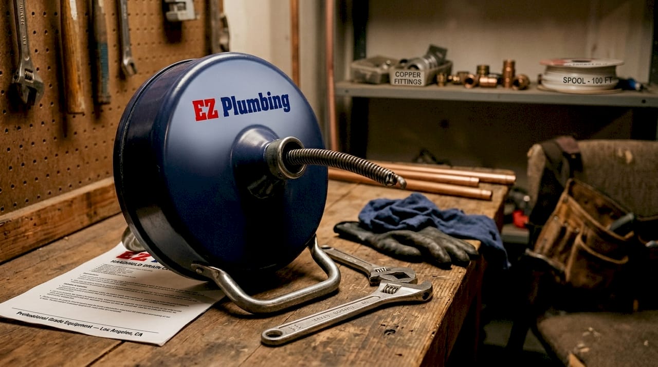 Close-up of plumbing snake and tools