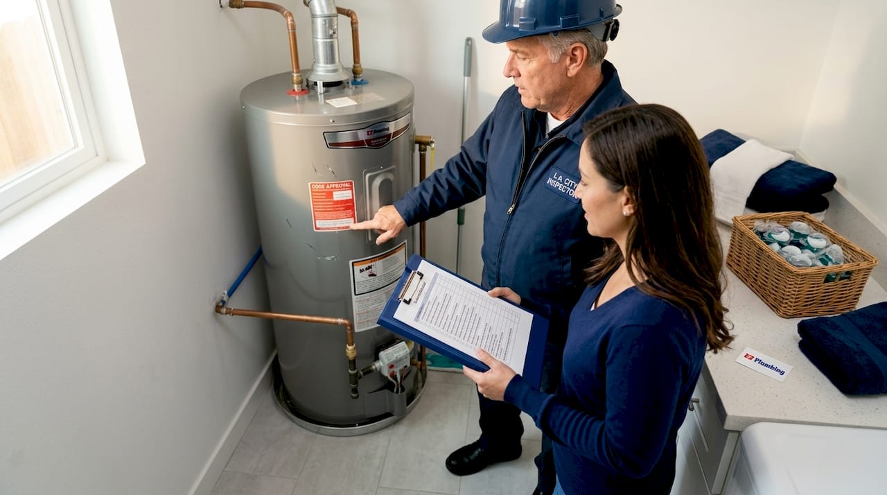 Inspector checks laundry room plumbing code