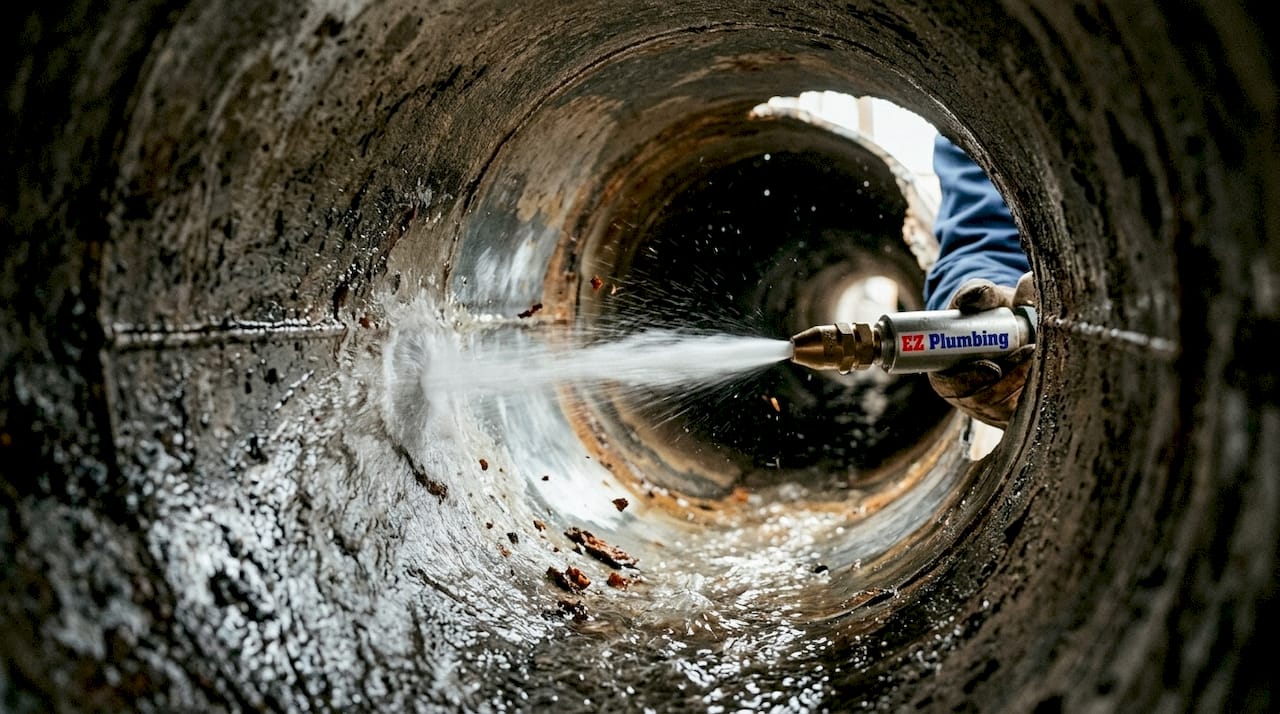 Interior pipe cleaned by hydro jetting water stream