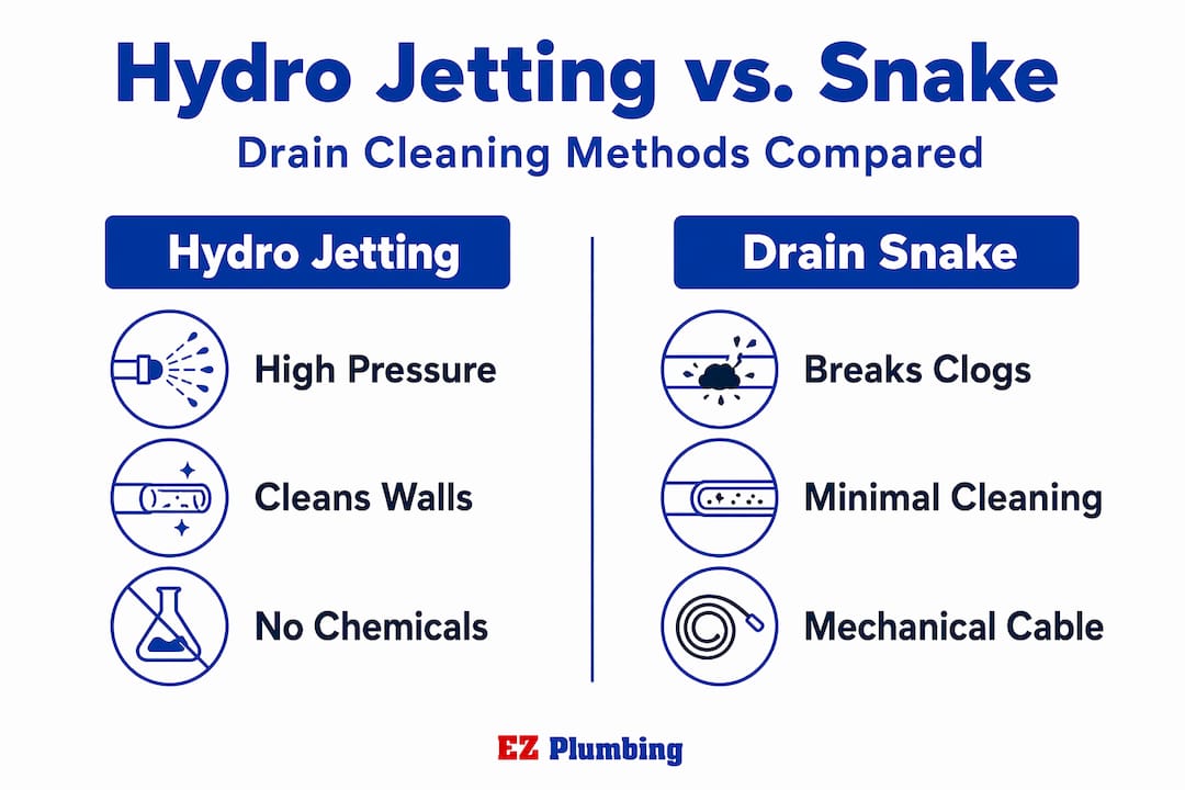 Infographic comparing hydro jetting and drain snake methods