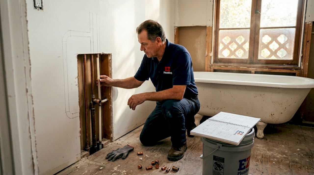 Plumber inspecting dual pipe system behind wall