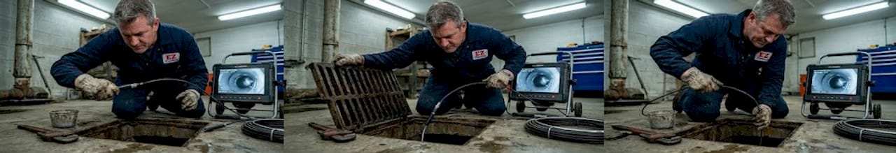 Technician performing sewer line camera inspection