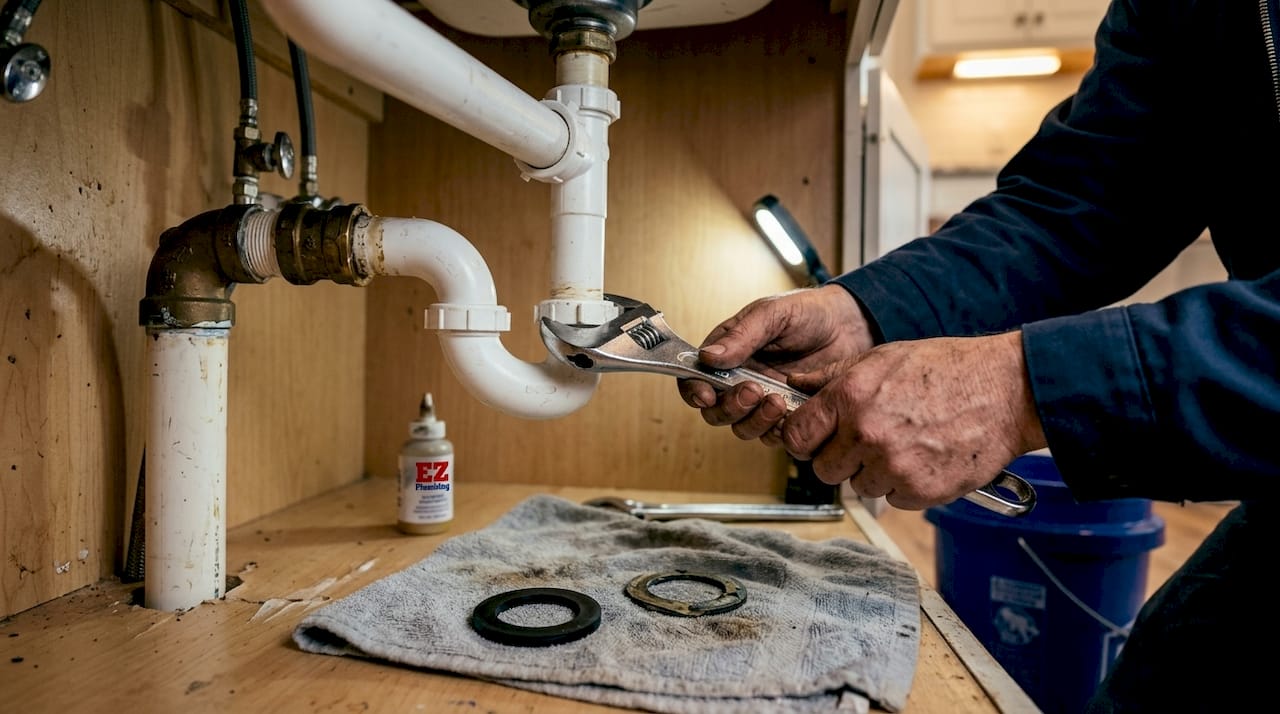 Hands replacing washer on bathroom drain pipe
