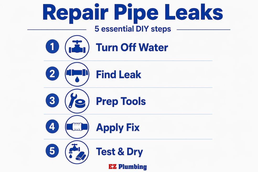 Infographic showing five steps to repair pipe leaks