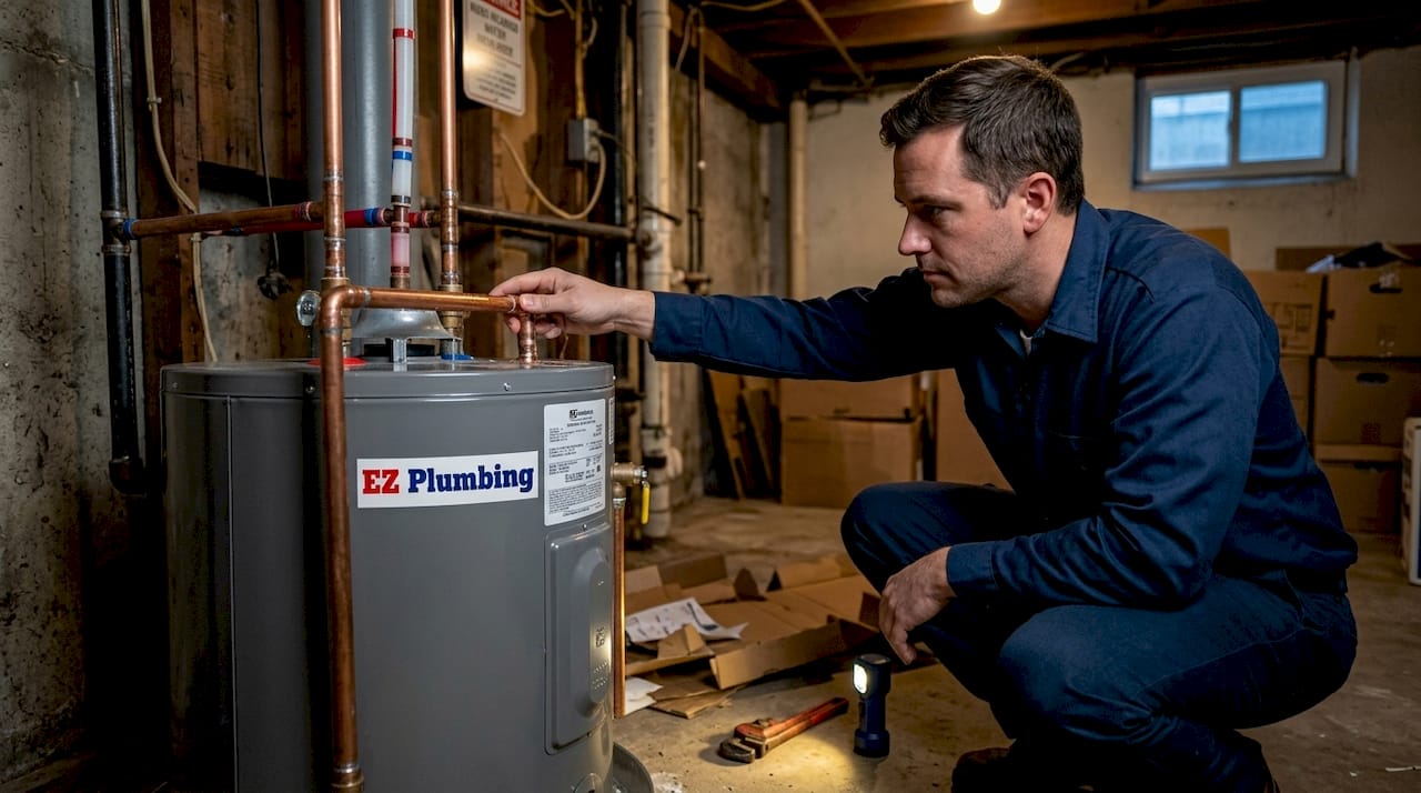 Homeowner inspecting water heater pipe connections