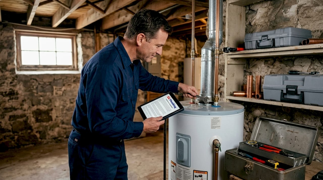 Plumber inspecting water heater under warranty