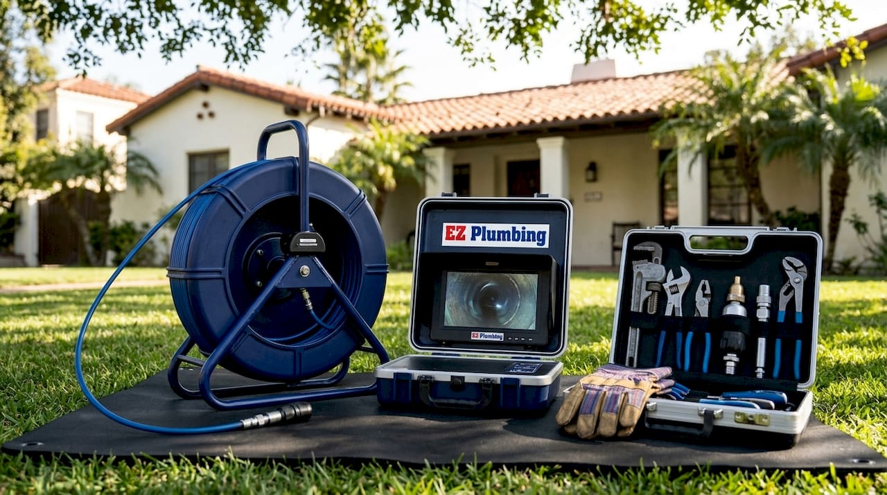 Sewer camera and plumbing tools ready for inspection