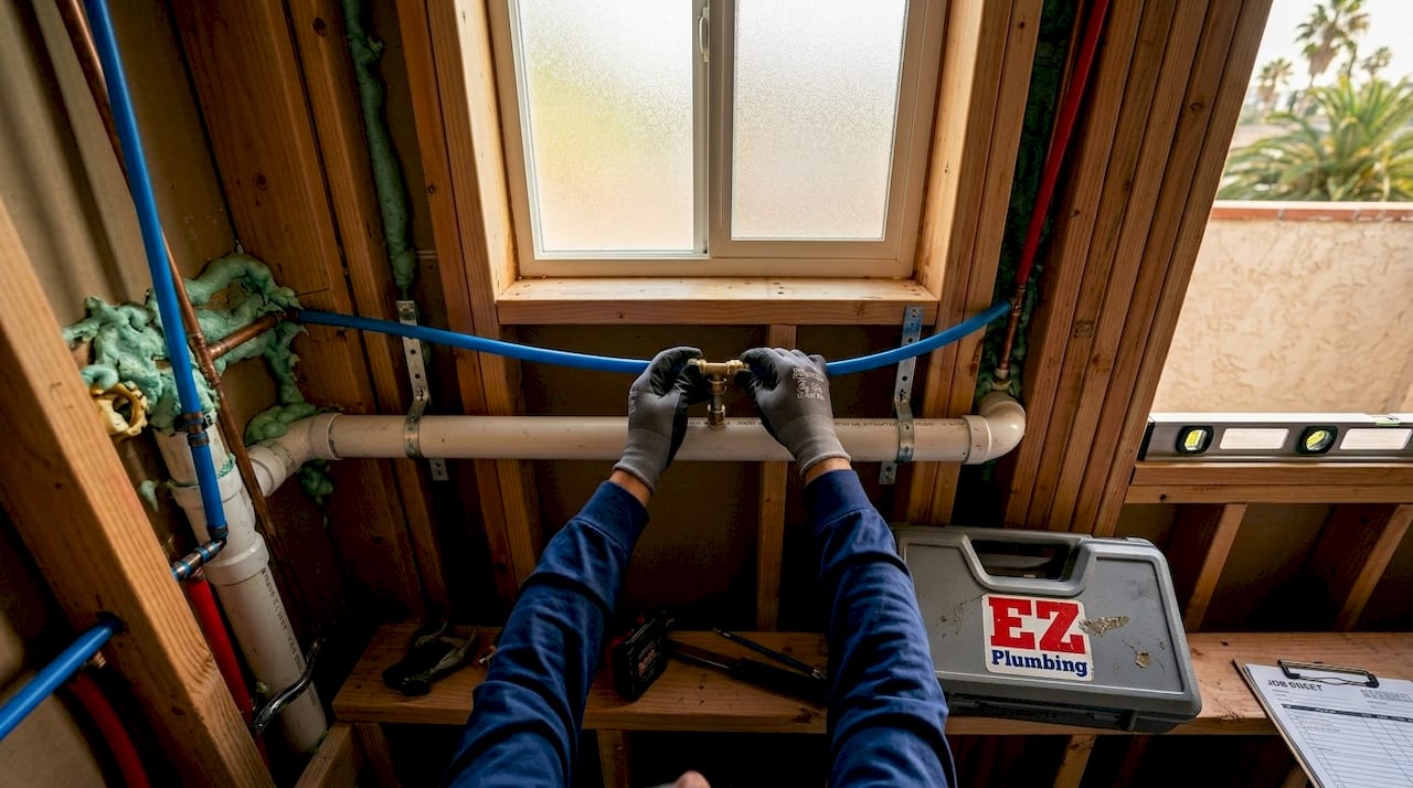 PEX and PVC pipes installed in wall framing