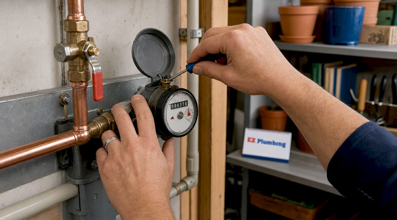 Hands adjusting water meter valve in basement