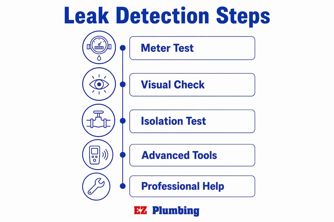 Infographic illustrating steps to detect water leaks