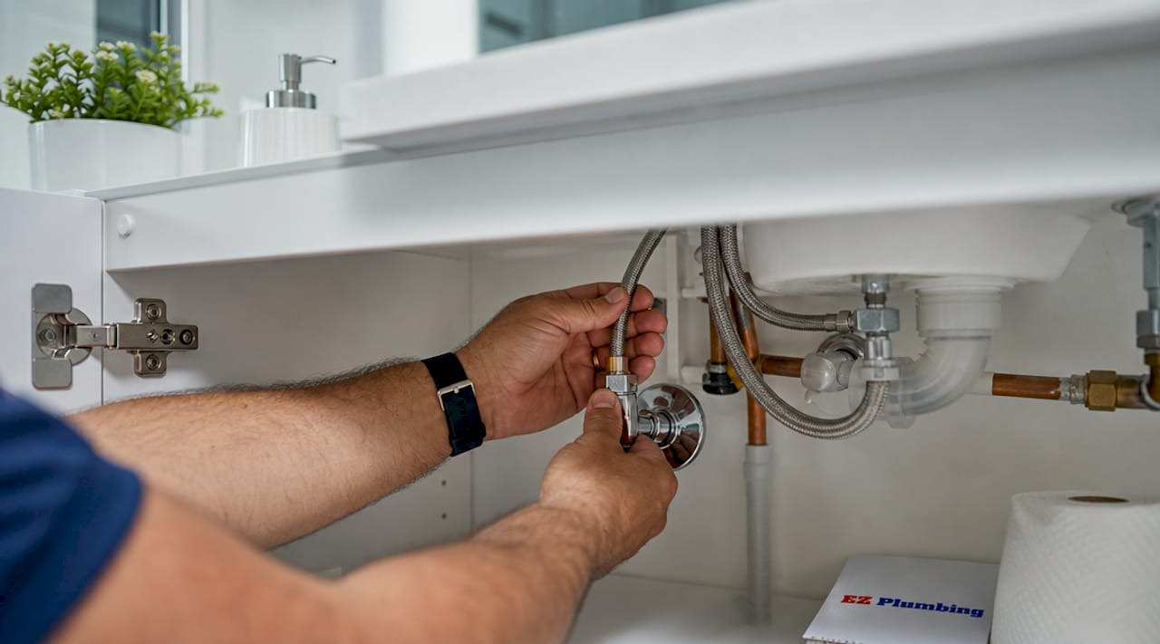 Hands tightening braided stainless kitchen hose