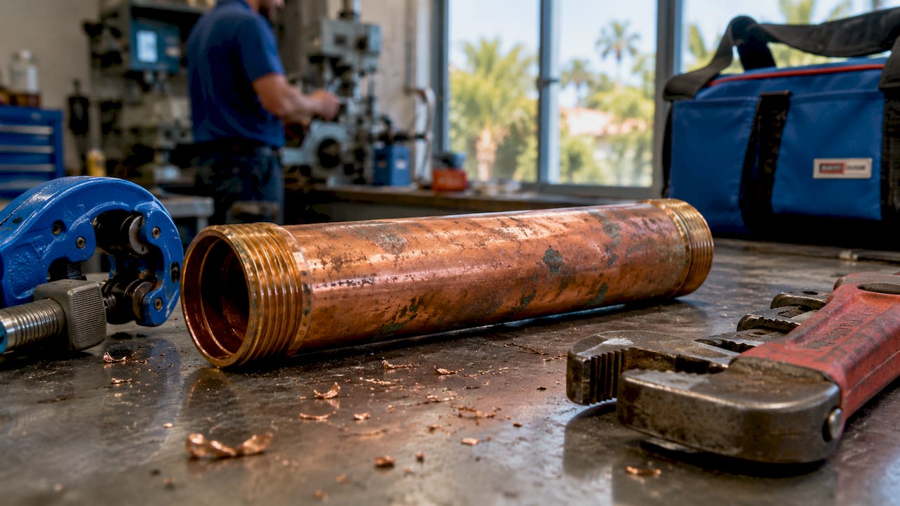 Close-up of copper plumbing pipe on workbench