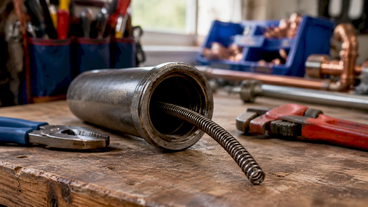 Close-up of plumbing snake cable in drain pipe