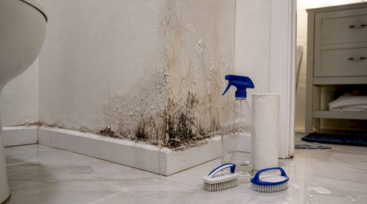 Close-up of water damage at bathroom baseboard