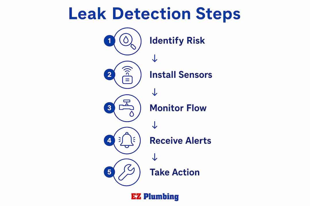 Infographic showing five steps of home leak detection