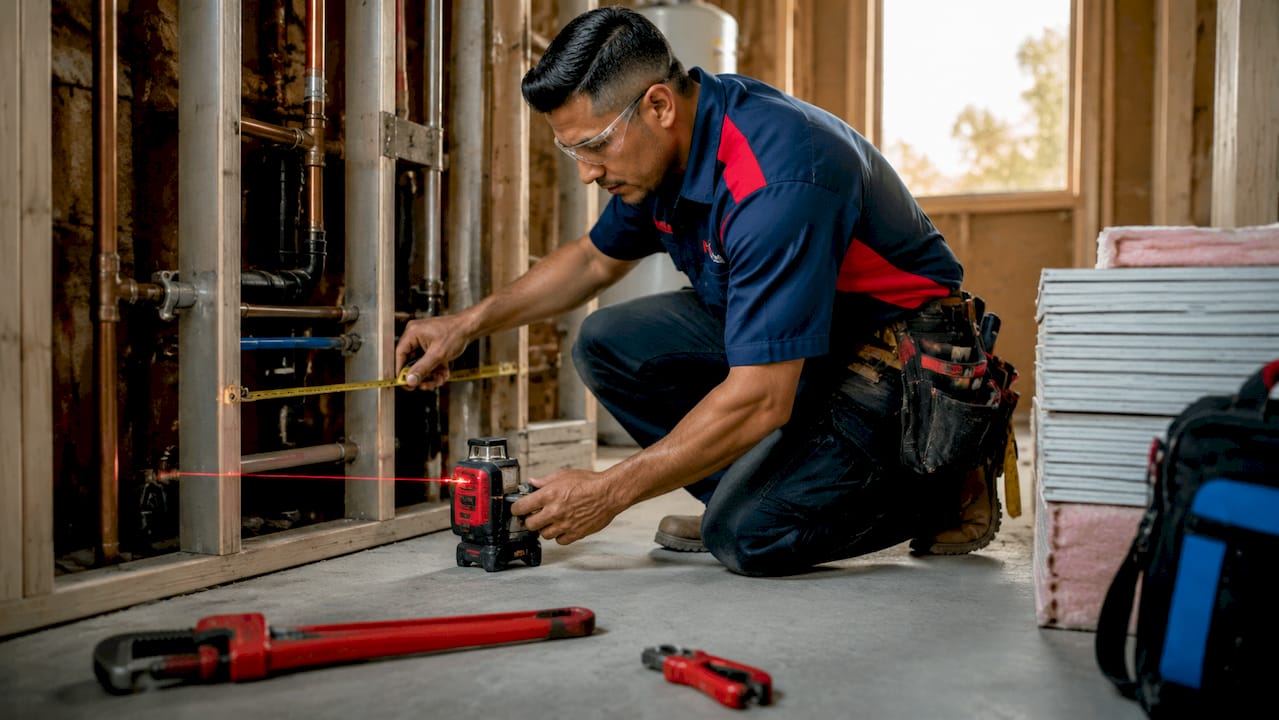 Plumber measuring bathroom rough-in plumbing pipes
