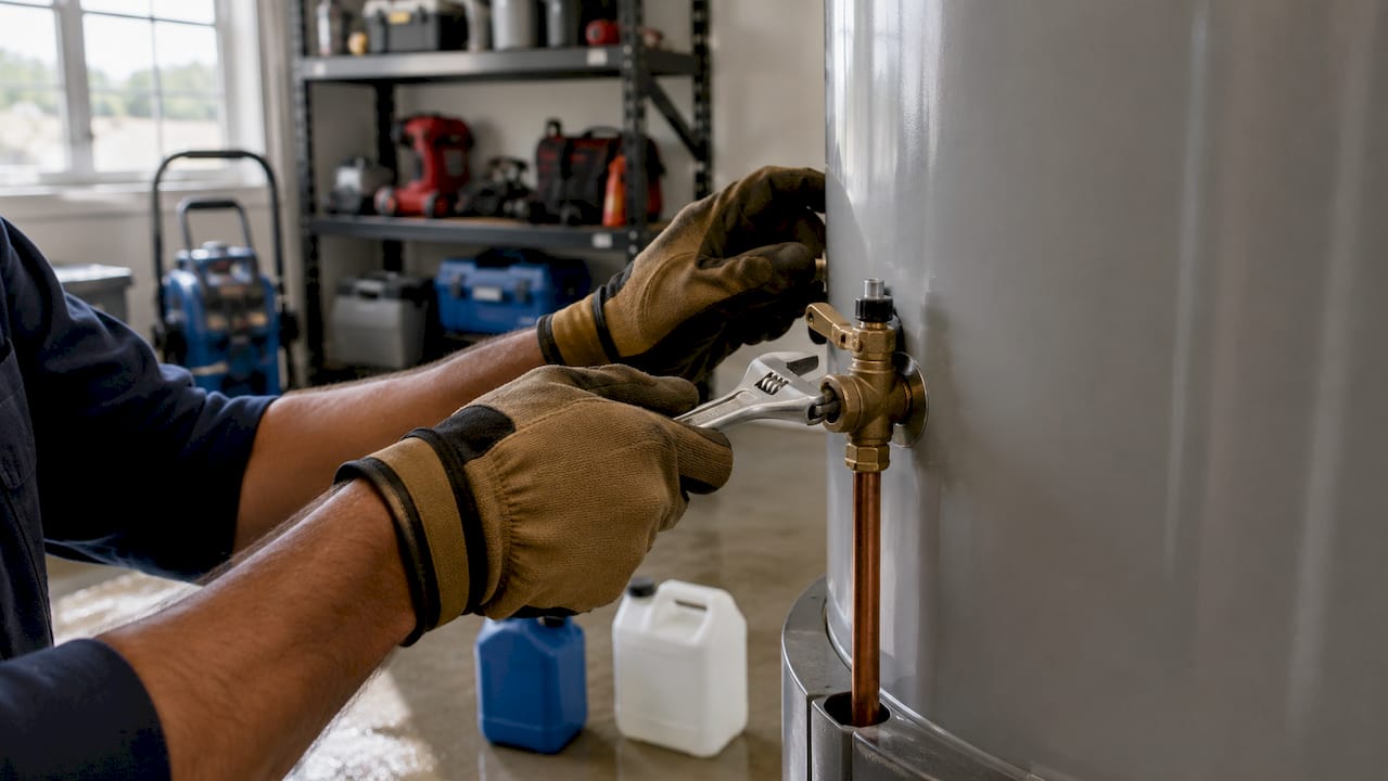 Hands inspecting water heater relief valve