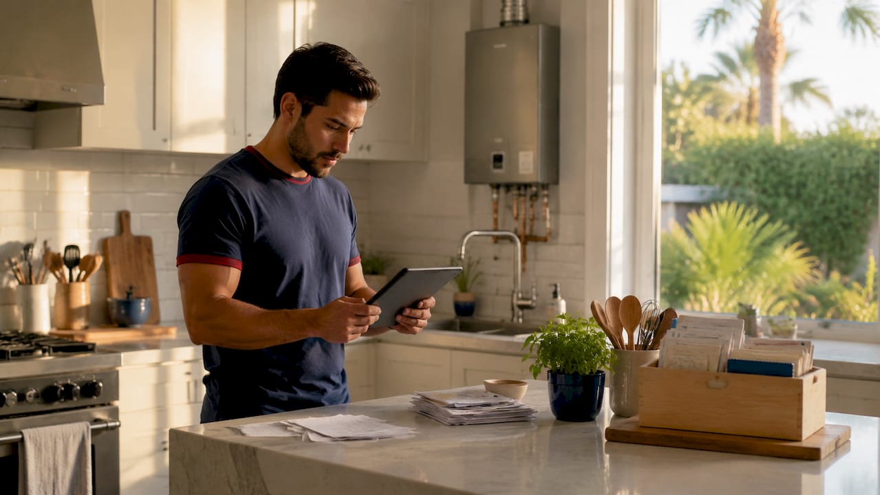 Homeowner comparing energy bills next to tankless water heater