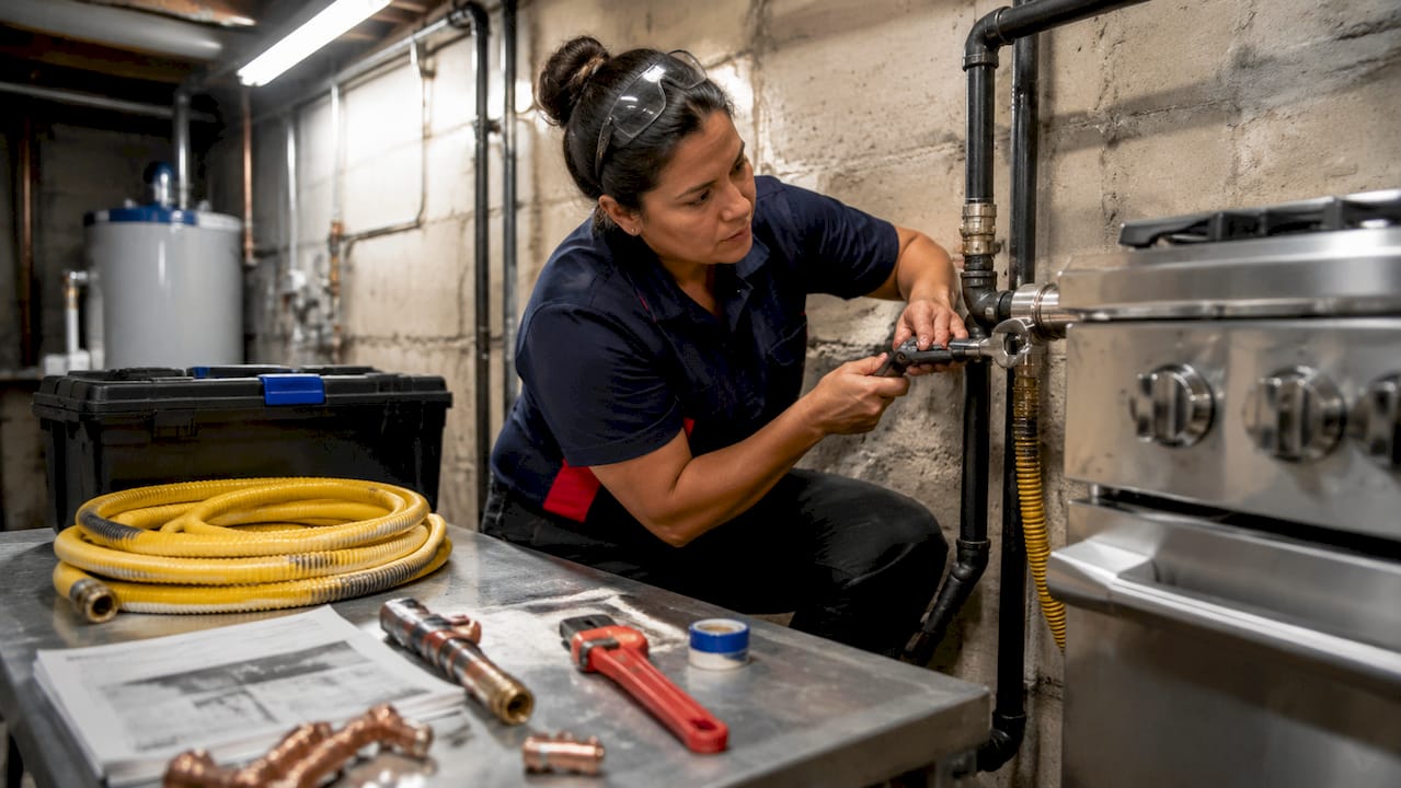 Plumber connecting gas pipe to kitchen stove