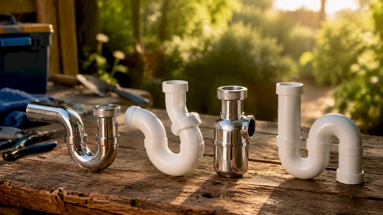 Close-up of various plumbing trap types side by side