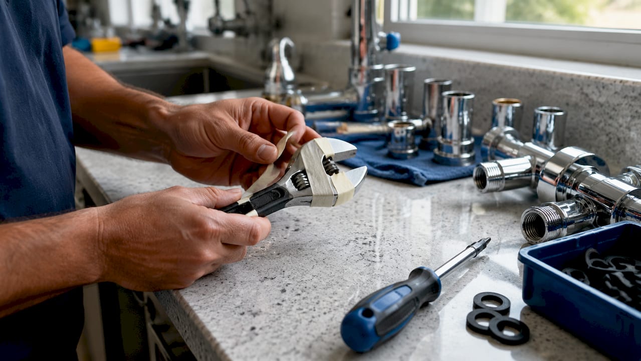 Hands preparing tools for faucet repair