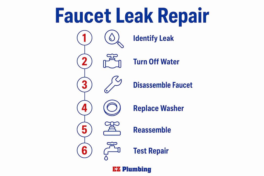 Infographic outlining faucet leak repair steps