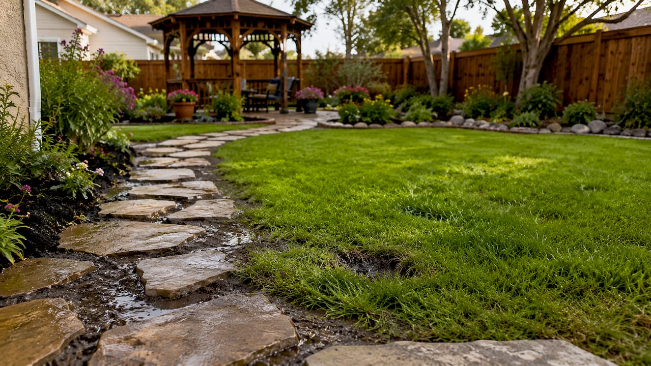 Wet lawn patch and sunken paving suggesting leak