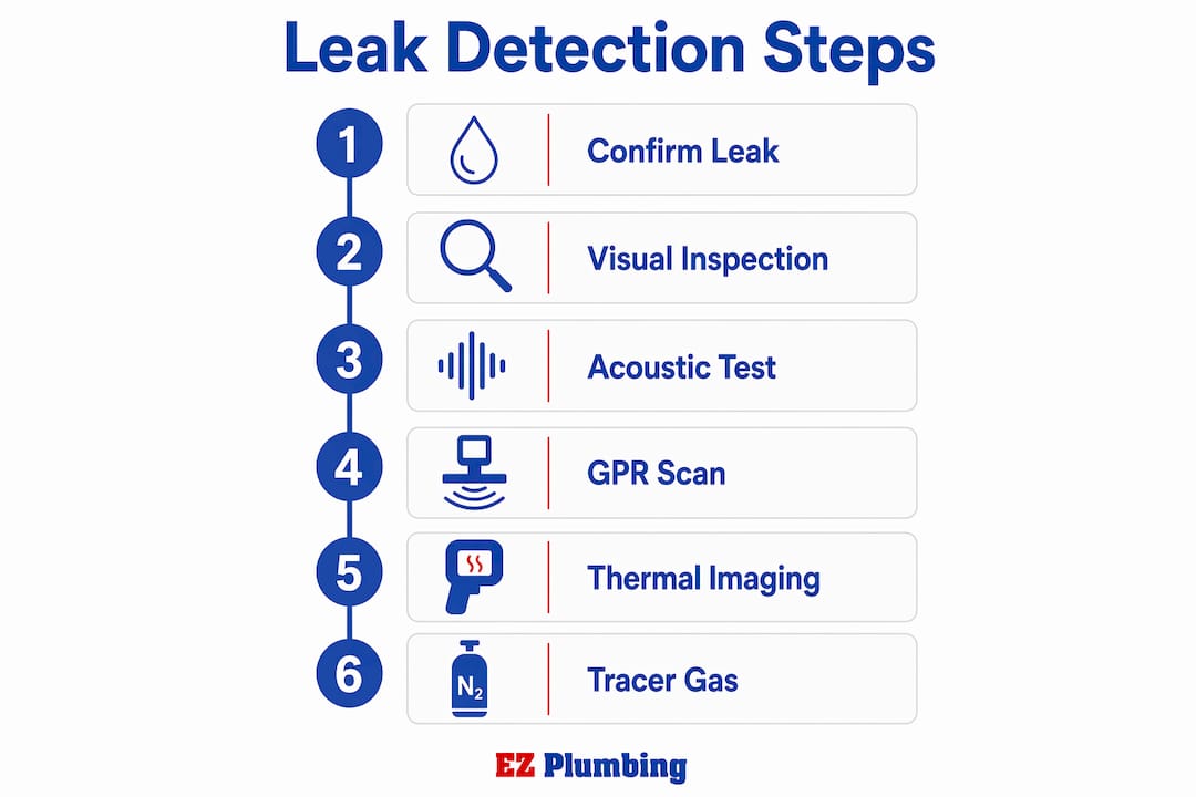 Infographic illustrating steps for detecting underground leaks