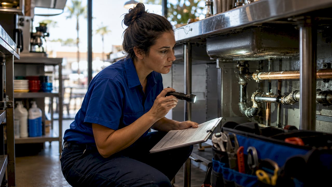 Hands inspecting commercial kitchen plumbing pipes
