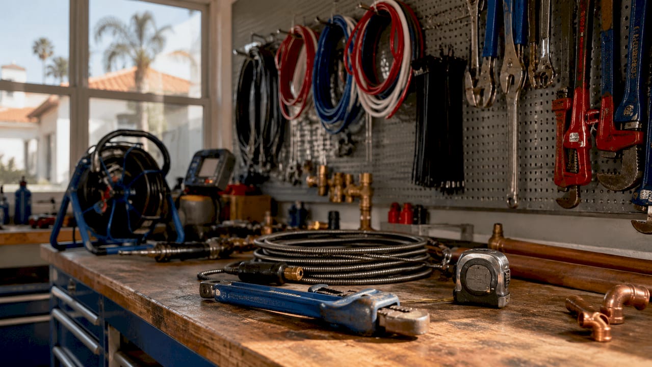 Plumbing tools and equipment on workbench