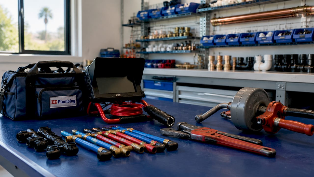 Overhead view of plumbing tools on workshop bench