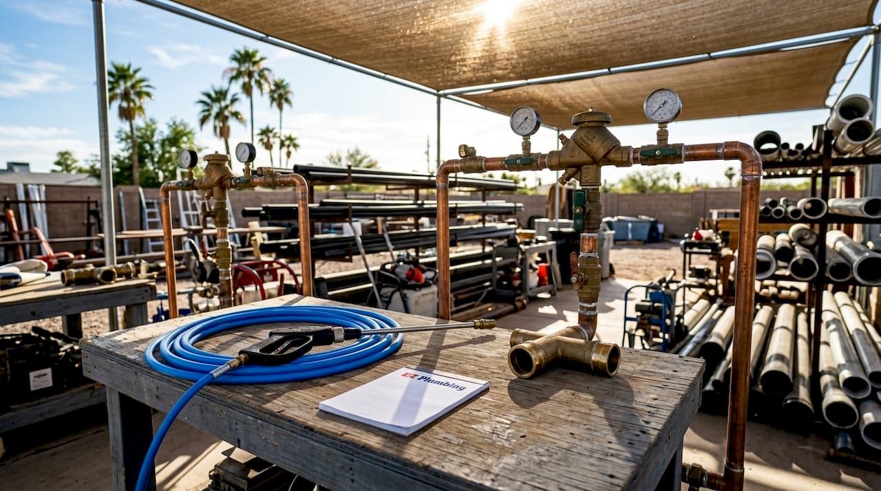Close-up of industrial plumbing components and tools