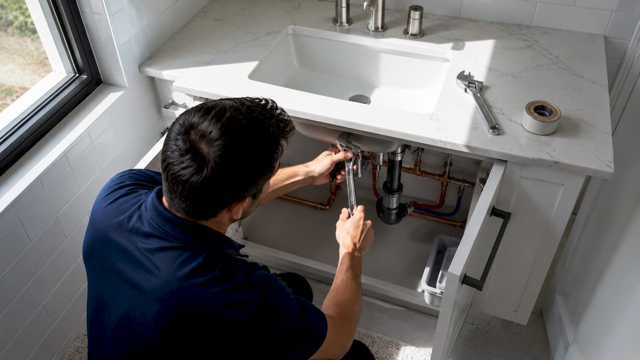 Technician installing faucet under bathroom sink