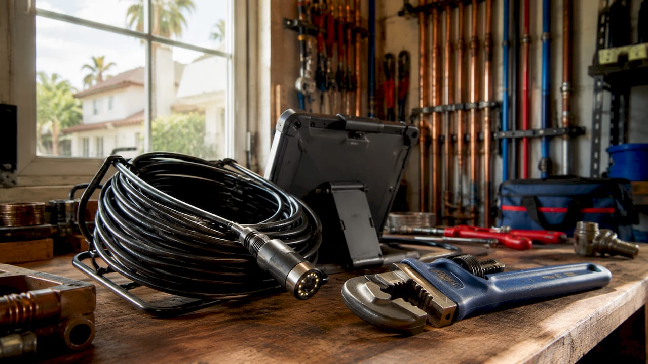 Close-up of sewer camera and plumbing tools on workbench