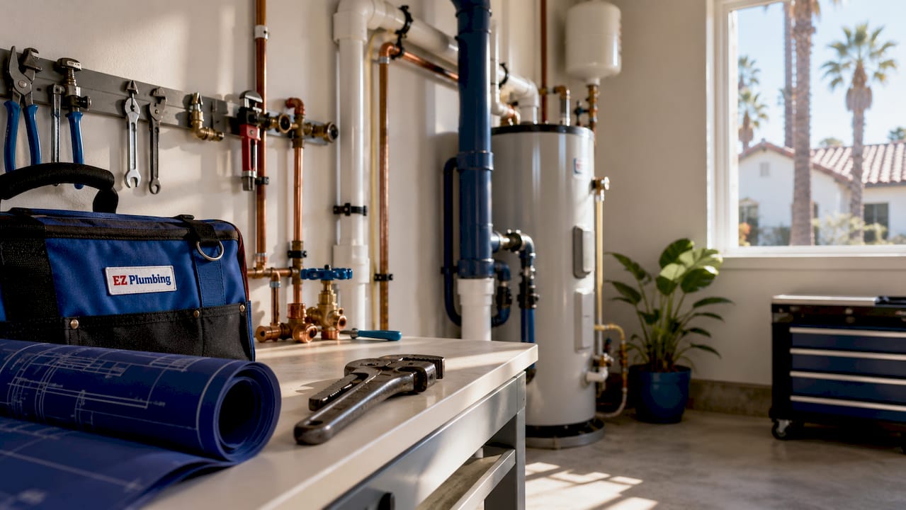 Close-up of vent pipes and plumbing tools in utility room