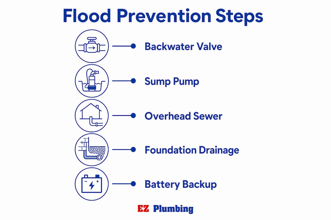 Infographic illustrating five flood prevention plumbing steps
