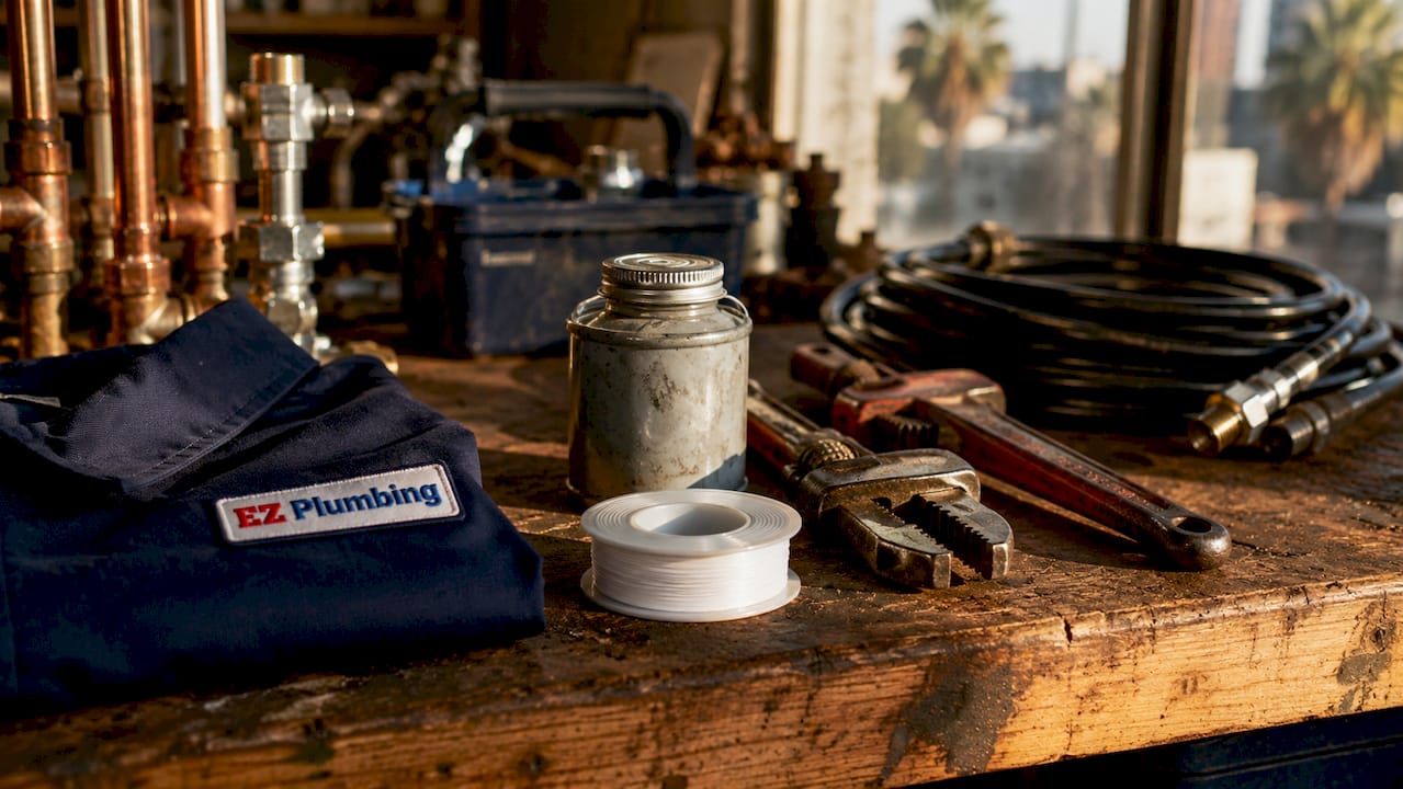 Overhead view of plumbing tools and materials on workbench