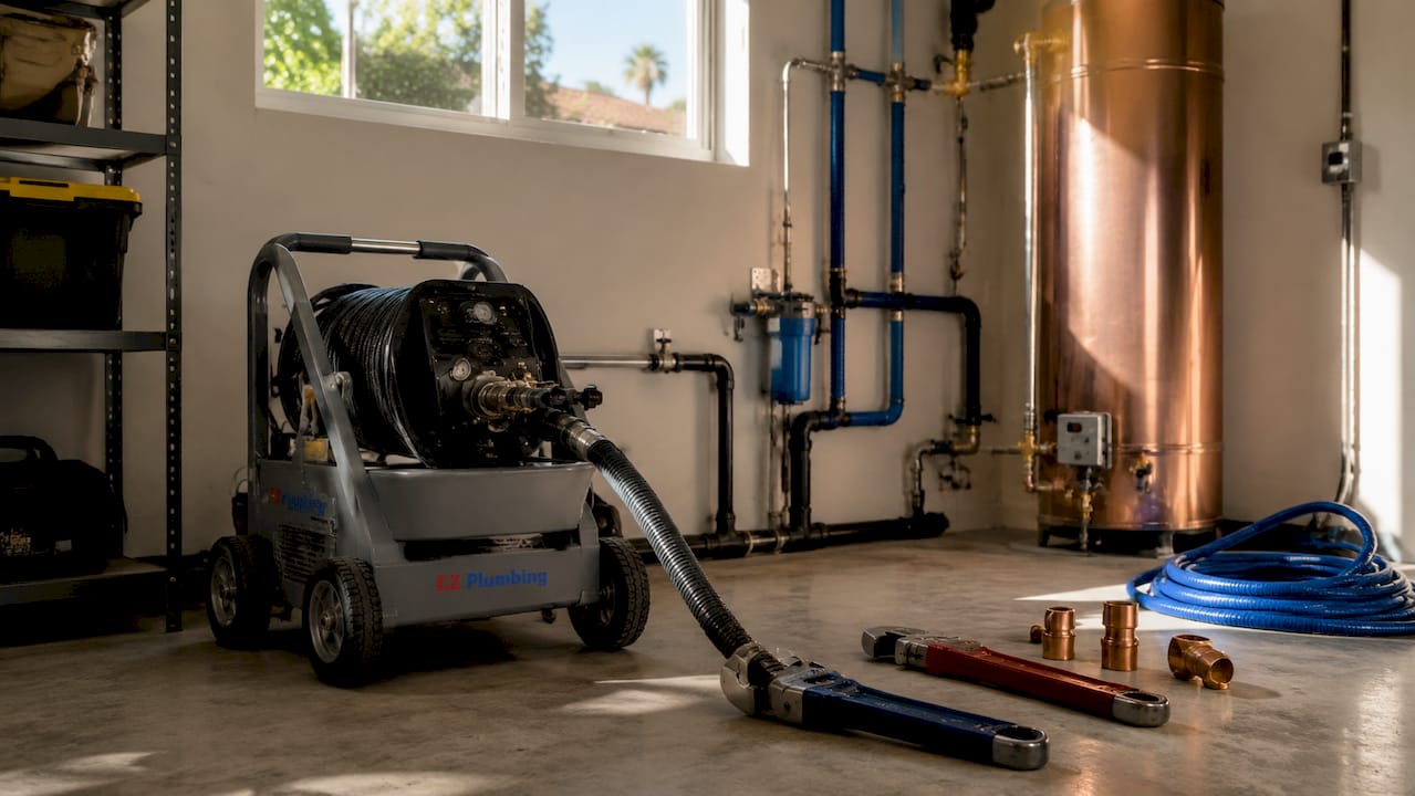 Hydro-jetting machine and plumbing tools in utility room
