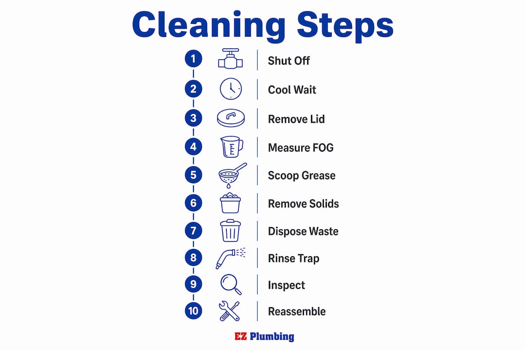 Infographic outlining grease trap cleaning steps in sequence