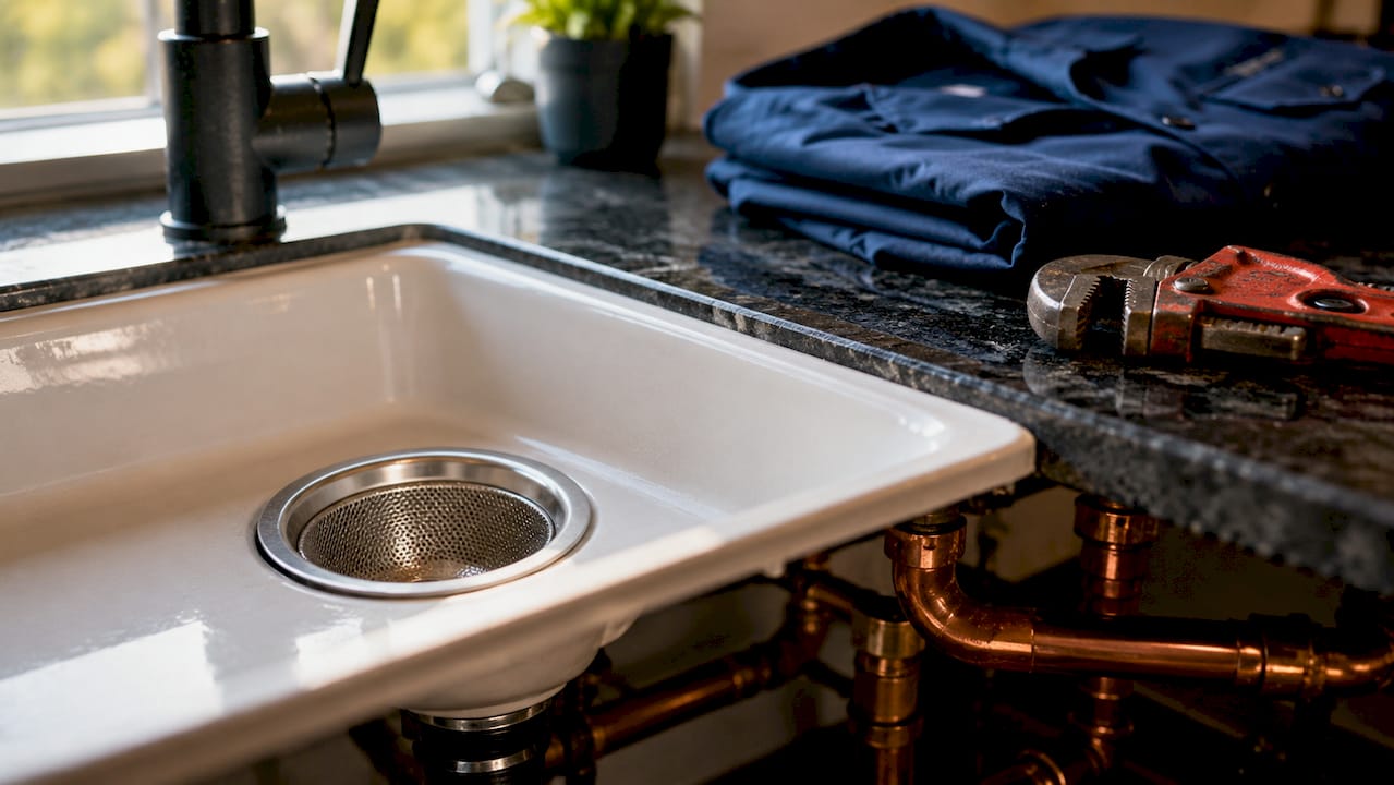 Close-up of kitchen sink with mesh drain strainer