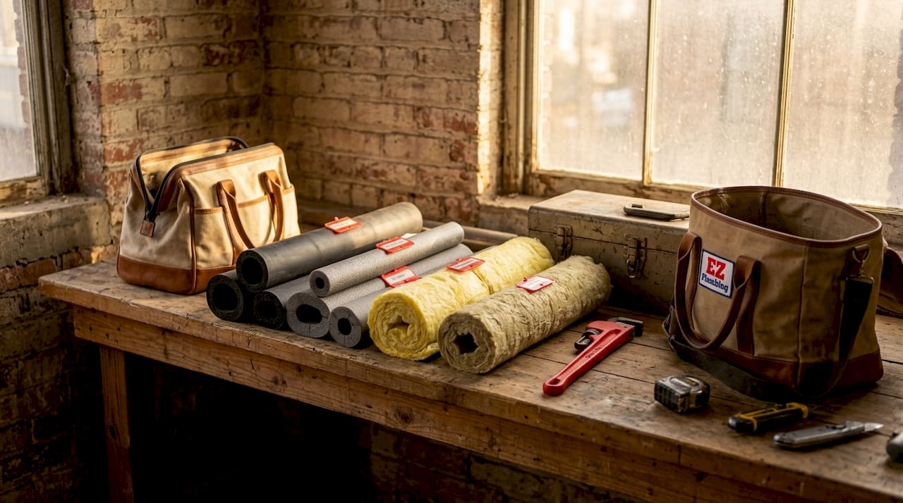 Samples of common plumbing insulation materials on workbench