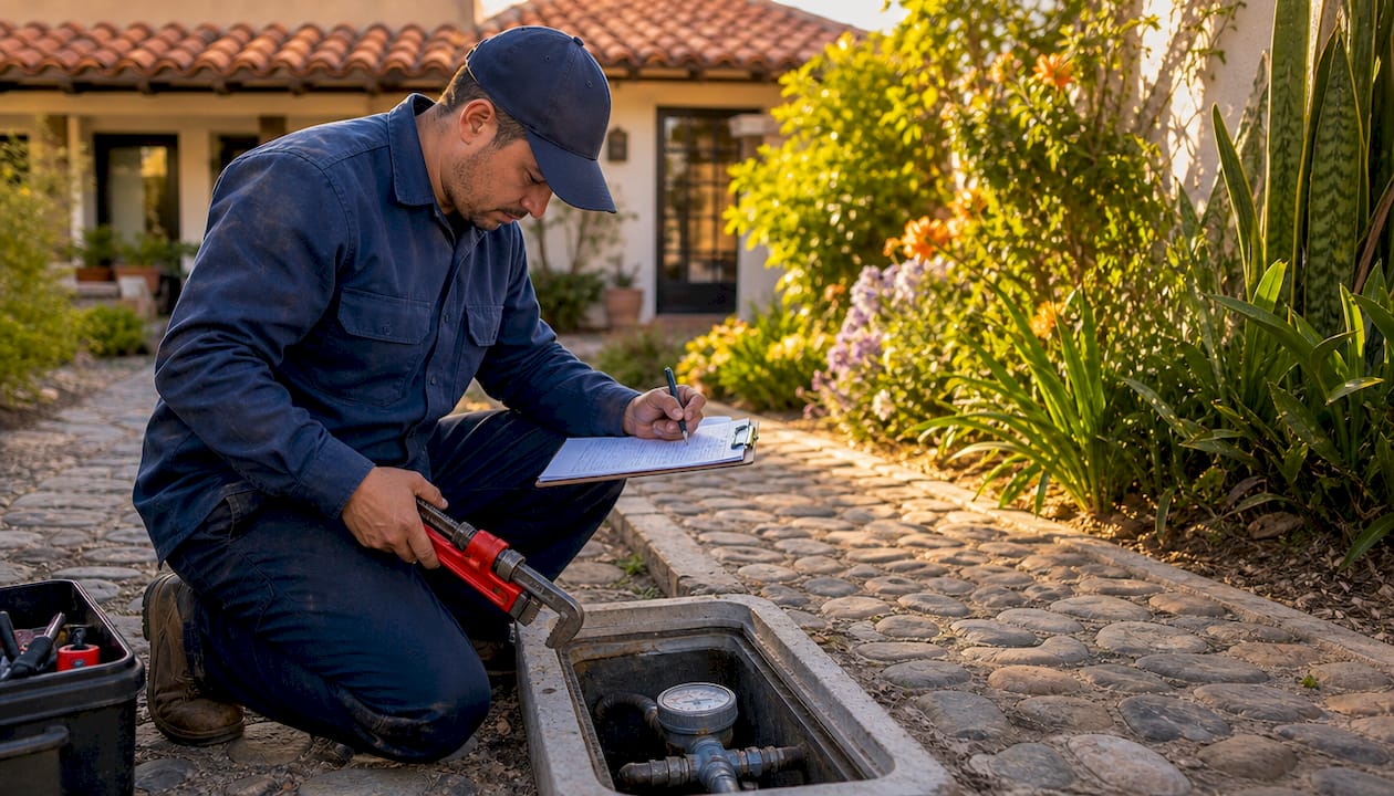 Technician performing water meter test outdoors