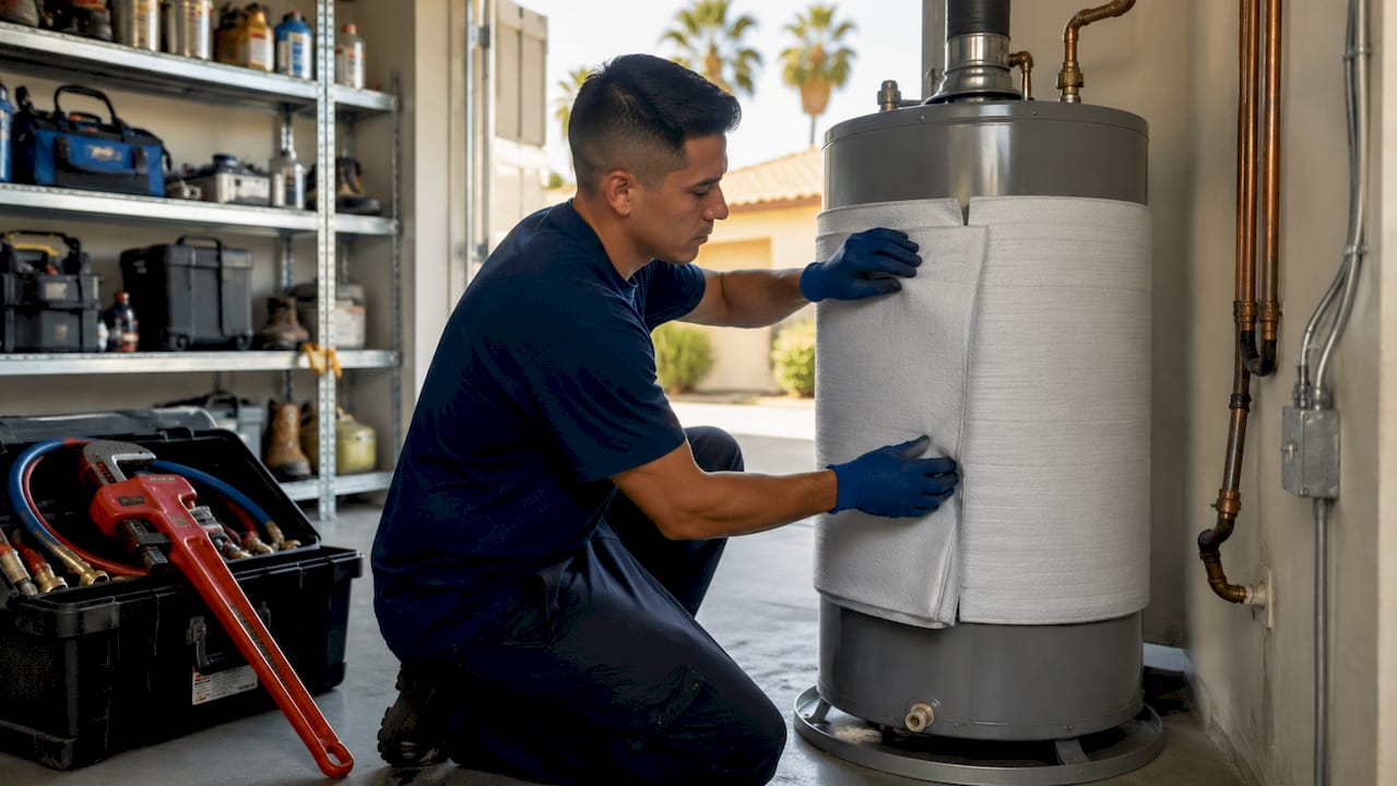 Hands applying insulation to water heater tank