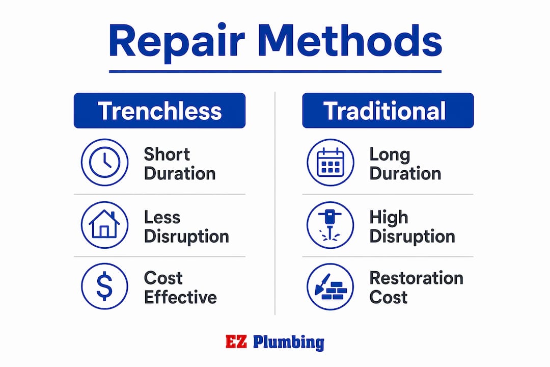 Infographic comparing trenchless and traditional sewer repair methods