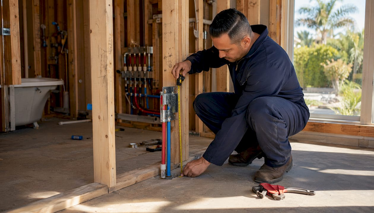 Technician measuring plumbing stub out height on wall framing
