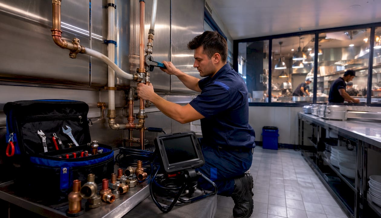 Plumber connecting vent pipes in commercial mechanical room