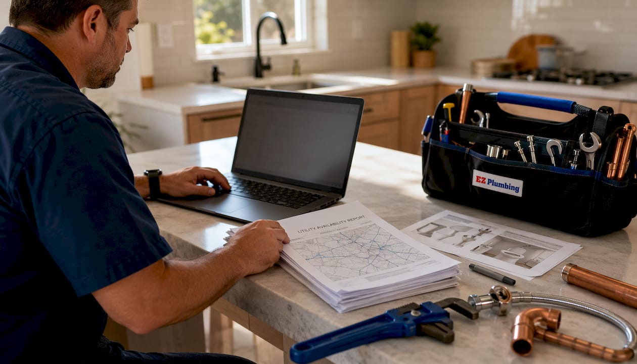 Home office desk with utility report and plumbing tools