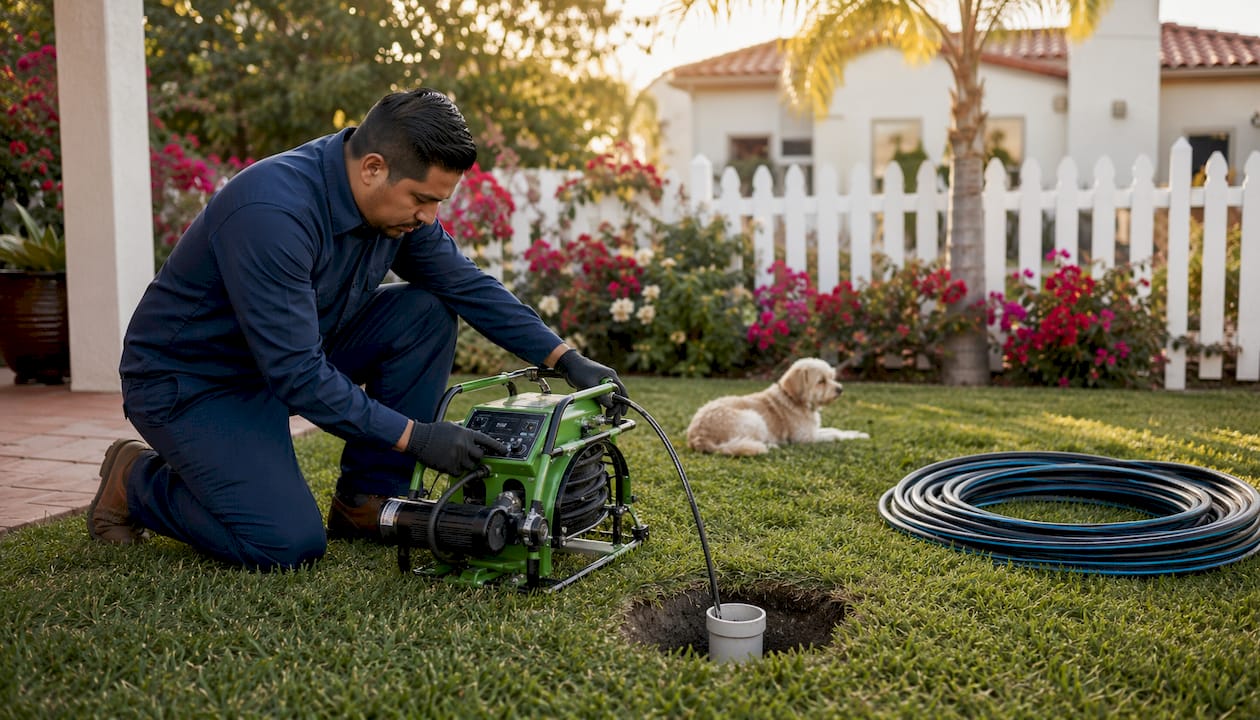 Hydro-jetter machine in use for residential drain cleaning