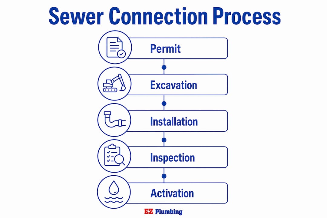 Infographic showing five steps of municipal sewer connection process