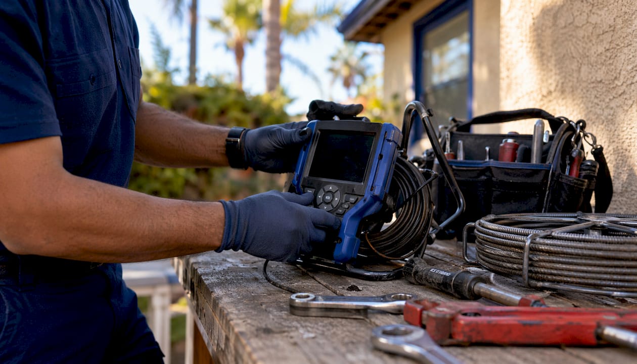 Plumber preparing sewer camera and tools on workbench